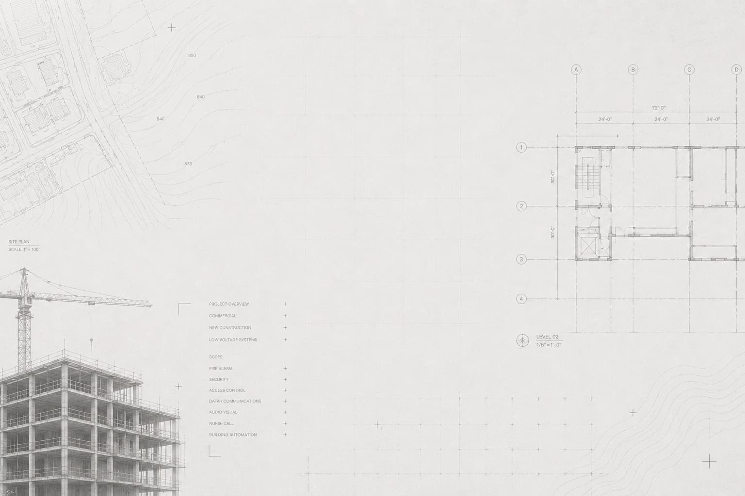 Commercial construction plans and an active jobsite
